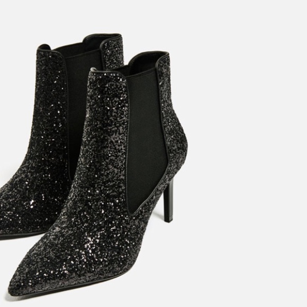 Zara high heel ankle boots with black glitter NWT